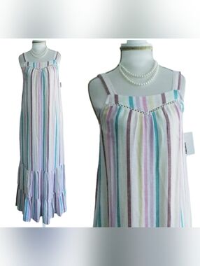 Sonoma Boho Maxi Dress Pastel Multi-Stripe Linen Blend Tiered Maxi Dress NWT
